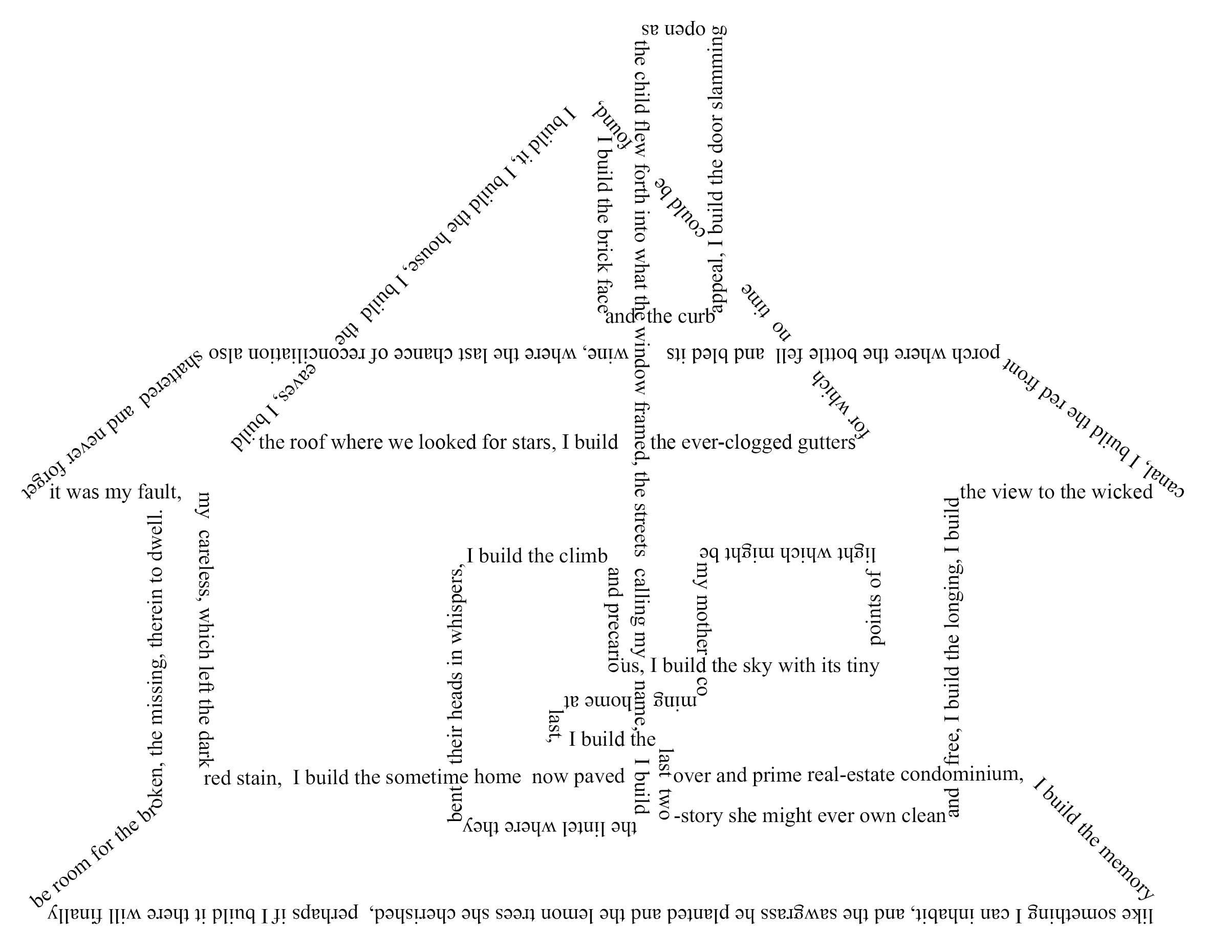 I build it, I build the house, I build the eaves, I build the roof where we looked for stars, I build the ever-clogged gutters for which no time could be found, I build the brick face and the curb appeal, I build the door slamming open as the child flew forth into what the window framed, the streets calling my name, I build the lintel where they bent their heads in whispers, I build the climb and precarious, I build the sky with its tiny points of light which might be my mother coming home at last, I build the last two-story she might ever own clean and free, I build the longing, I build the view to the wicked canal, I build the red front porch where the bottle fell and bled its wine, where the last chance of reconciliation also shattered and never forget it was my fault, my careless, which left the dark red stain, I build the sometime home now paved over and prime real-estate condominium, I build the memory like something I can inhabit, and the sawgrass he planted and the lemon trees she cherished, perhaps if I build it there will finally be room for the broken, the missing, therein to dwell.